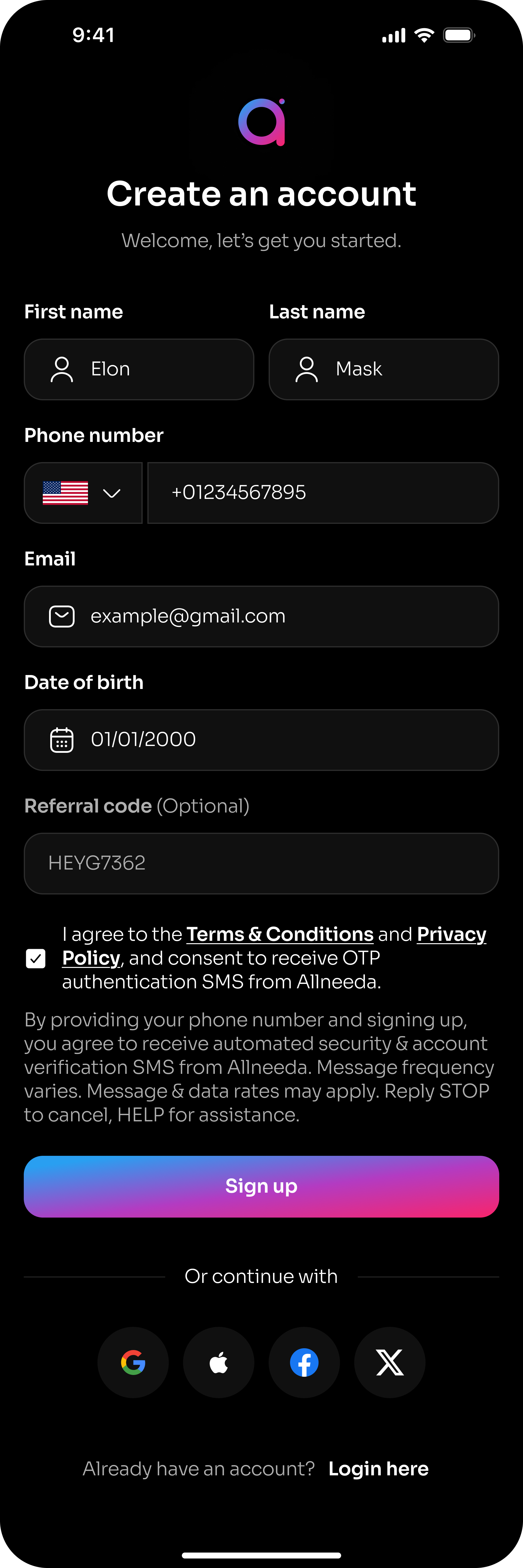 Allneeda SMS Opt-In Consent Screenshot - Account Registration / Sign-Up Screen