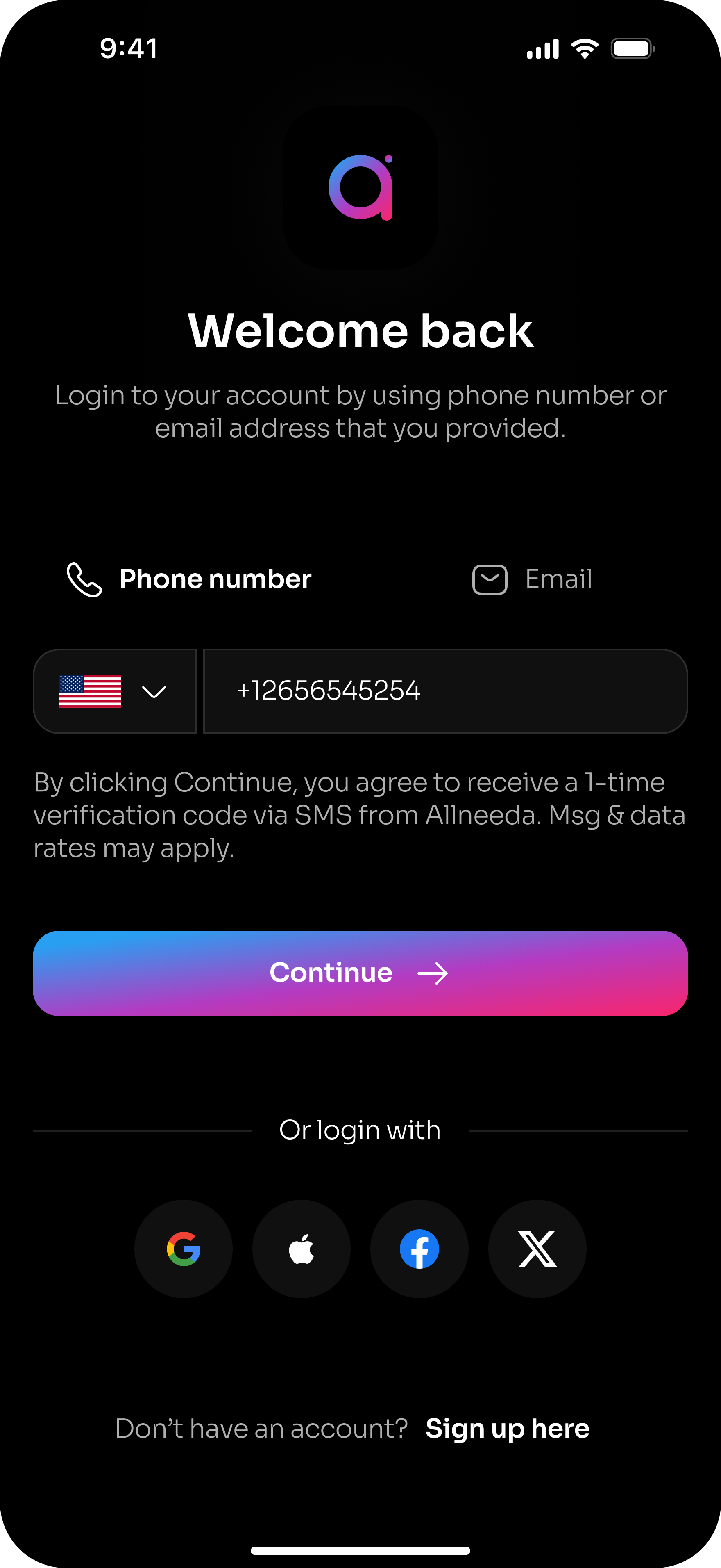 Allneeda SMS Opt-In Consent Screenshot - Account Login with Phone Screen